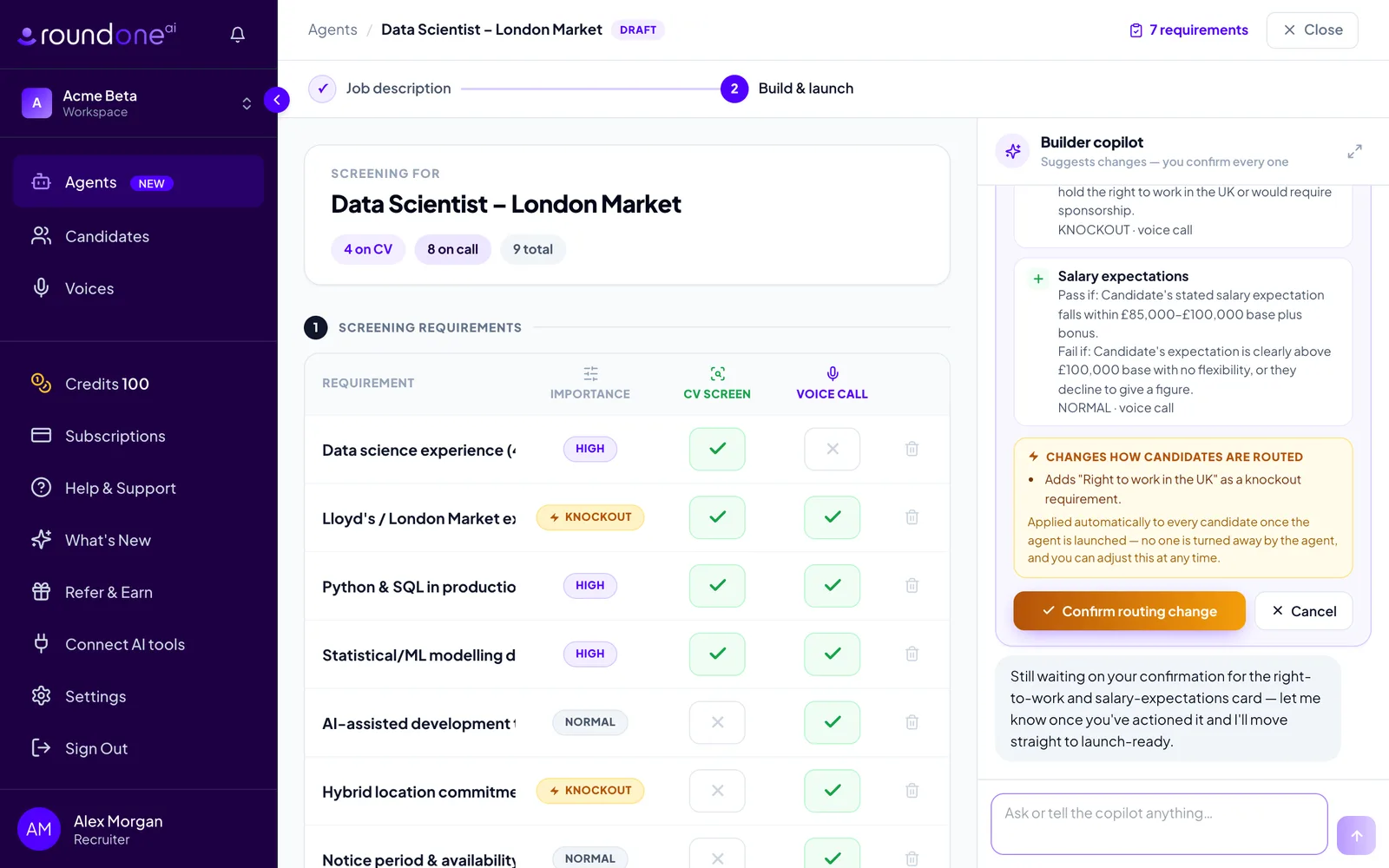 The Builder copilot showing a proposed change card that adds right to work as a knockout, marked "Changes how candidates are routed", with Confirm routing change and Cancel buttons