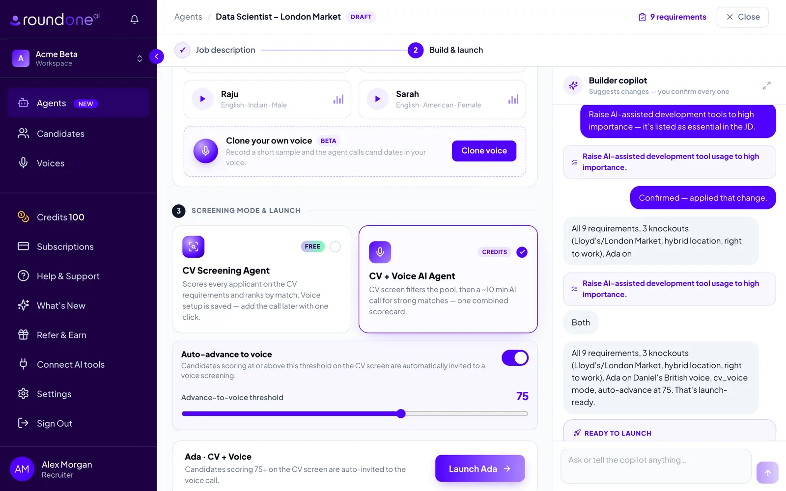 The Screening mode & launch section with CV + Voice AI Agent selected, Auto-advance to voice switched on at a threshold of 75, and a Launch Ada button