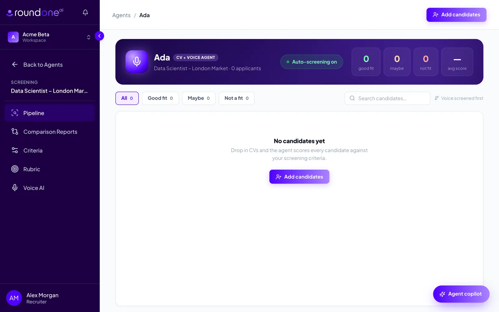 The empty pipeline page for the agent Ada showing the CV + Voice Agent banner, zero counters, filter tabs and a "No candidates yet" message with an Add candidates button