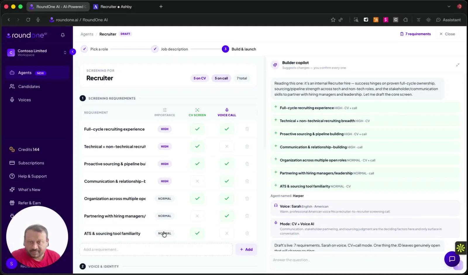 The Build & launch step for a Recruiter agent, showing seven screening requirements with importance badges and tick marks in the CV screen and Voice call columns, next to the Builder copilot summarising the draft and naming the agent Harper