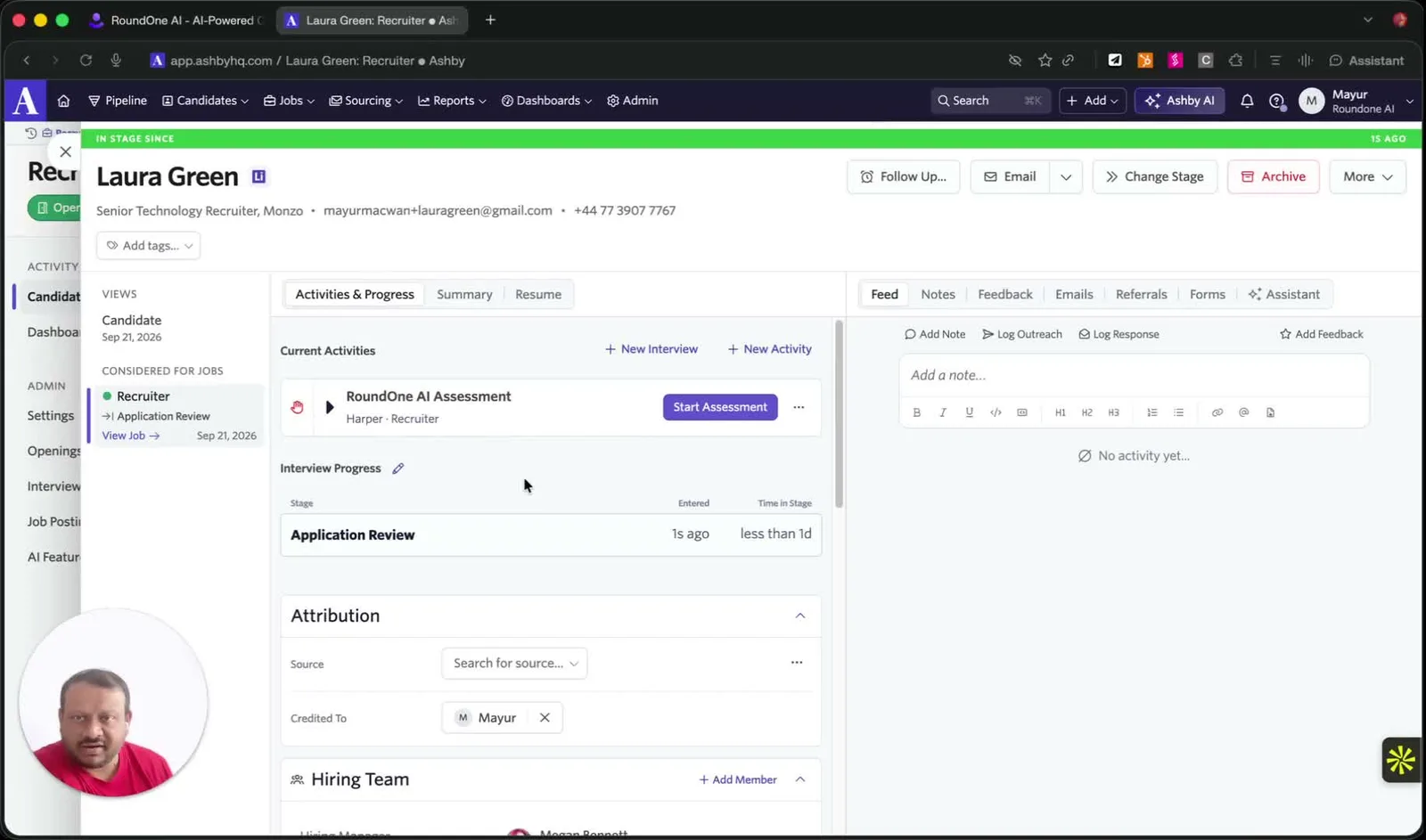 A candidate profile in Ashby at the Application Review stage, with a RoundOne AI Assessment activity for "Harper · Recruiter" under Current Activities and a Start Assessment button