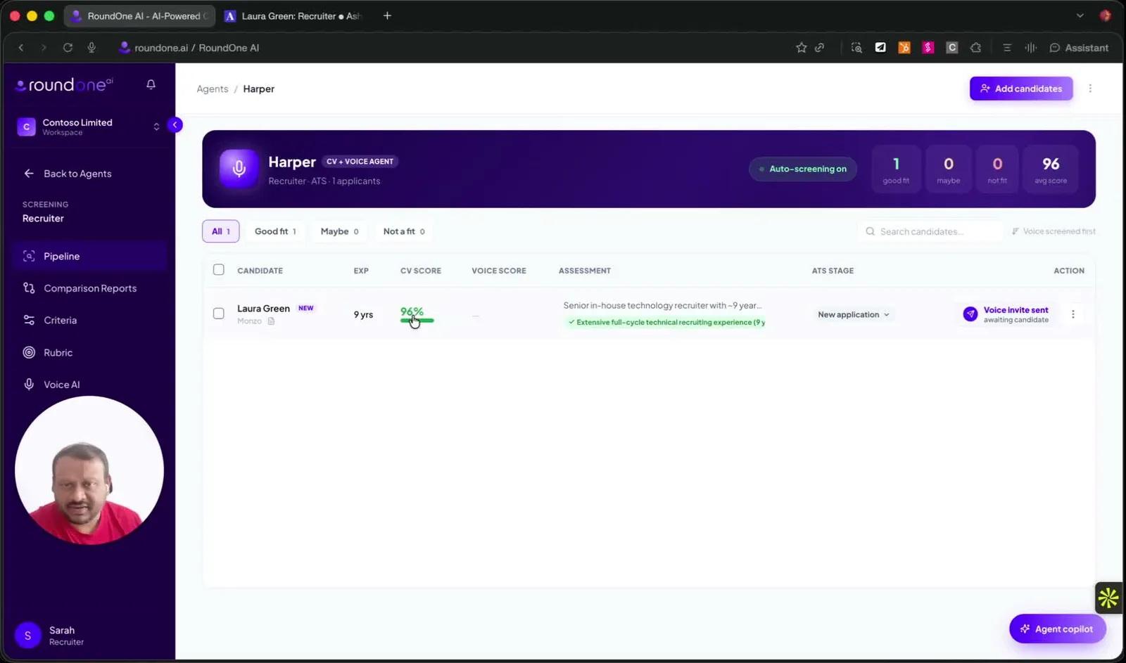 The RoundOne pipeline for the agent Harper showing one candidate with a 96% CV score, an assessment summary, the ATS stage "New application" and the status "Voice invite sent, awaiting candidate"