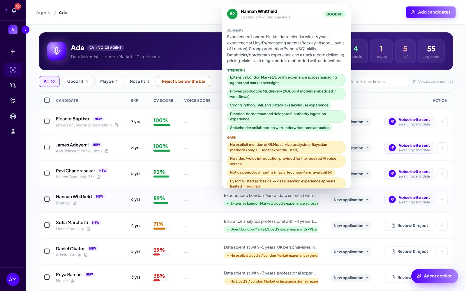 A hover card over a candidate's assessment showing their tier, a summary paragraph, five strengths and four gaps drawn from the CV