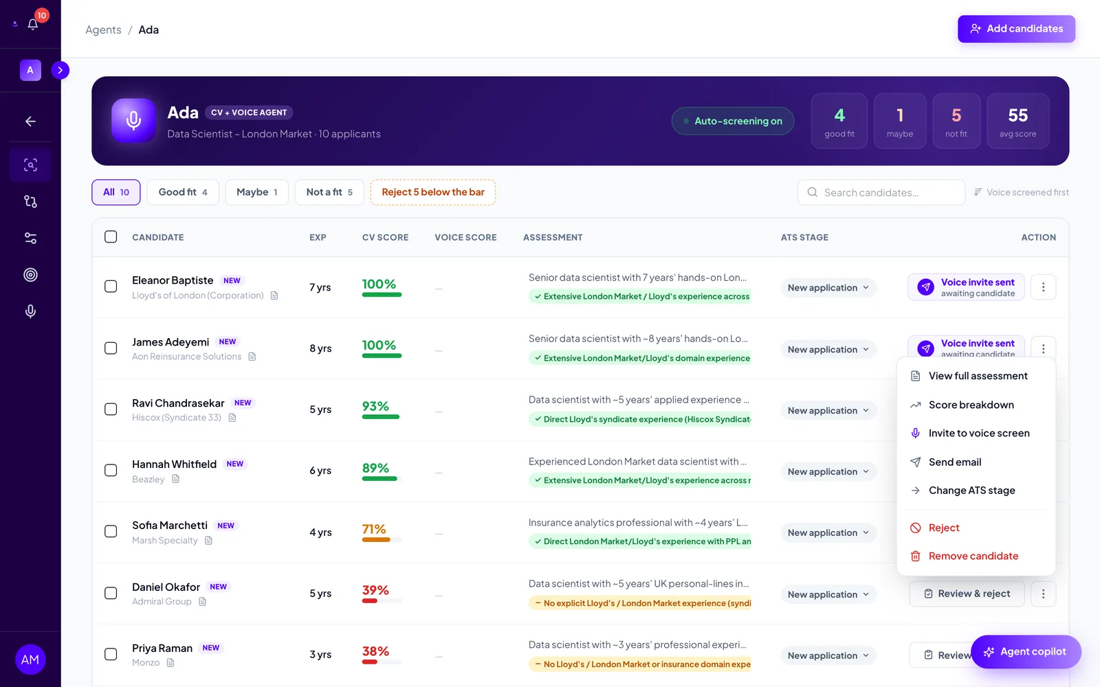 The row menu for a candidate, listing View full assessment, Score breakdown, Invite to voice screen, Send email, Change ATS stage, Reject and Remove candidate