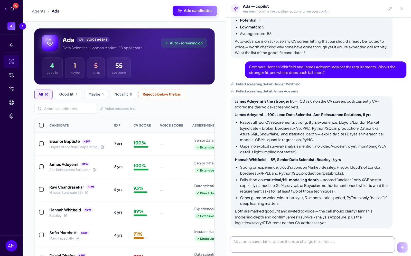 The copilot comparing two candidates, listing each one's score, strengths against the requirements, and gaps, and ending with what the voice call should clarify