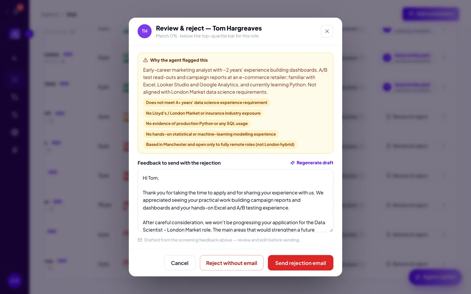 The Review & reject dialog for a candidate, showing the agent's reasons and gap chips, an editable feedback email, and Cancel, Reject without email and Send rejection email buttons